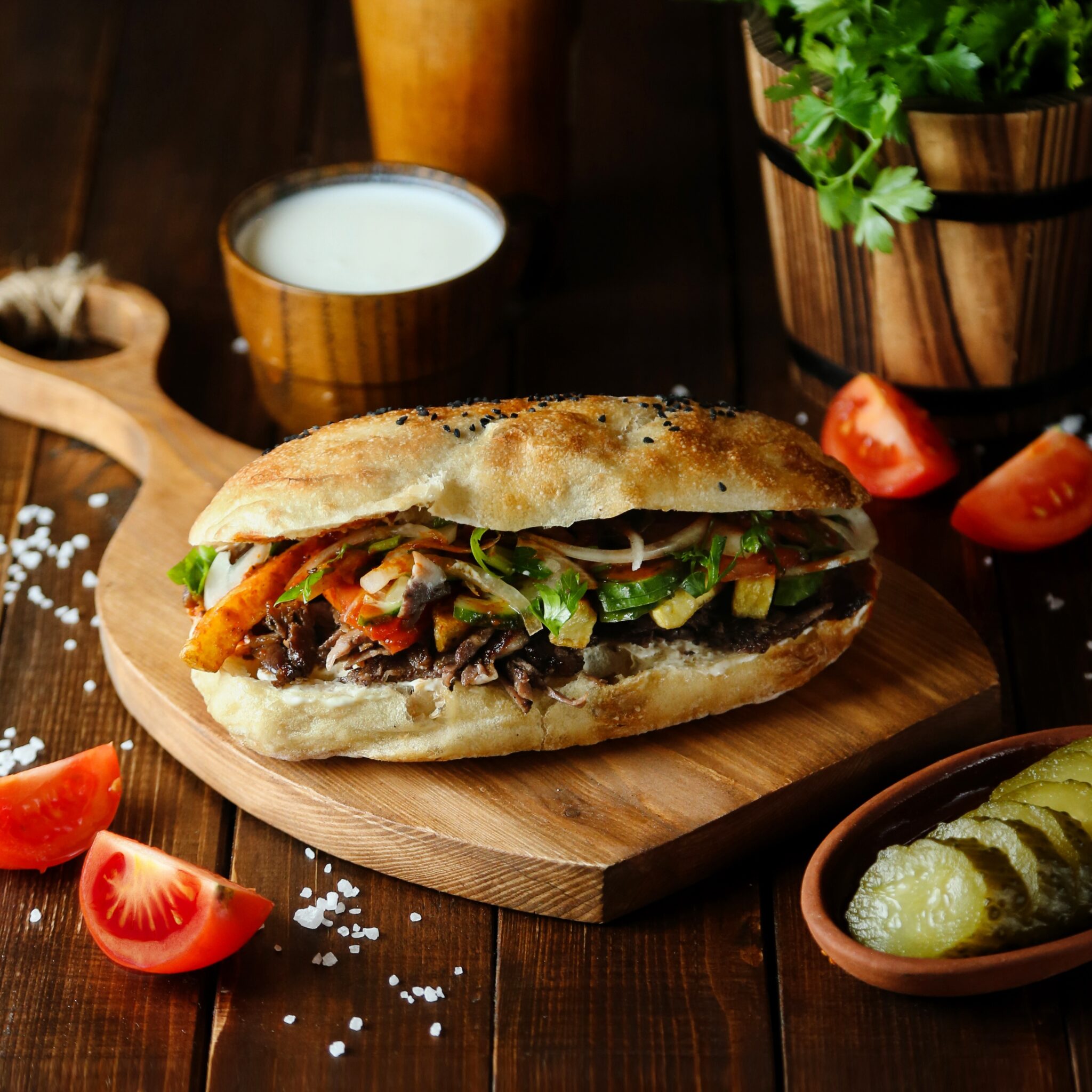 meat doner in the bread on wooden board